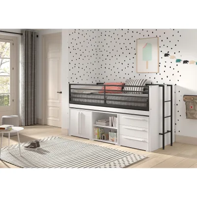 SAM halbhohes Bett mit ausziehbarem Schreibtisch, Regal, Kommode 2-trg., Kommode mit 3 Schubladen, Liegeflächen 90 x 200 cm, Ausf. Weiß Melamin Dekor