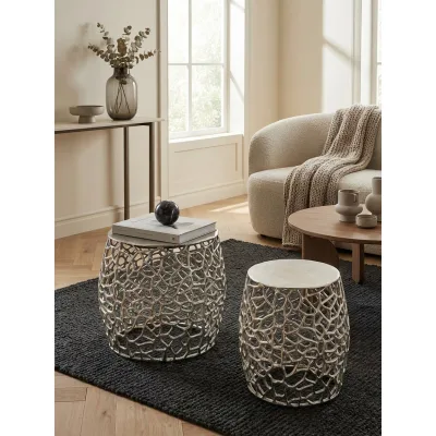 Satztisch Set – rund, Aluminium Silber, Aststruktur, 2-teilig, modern