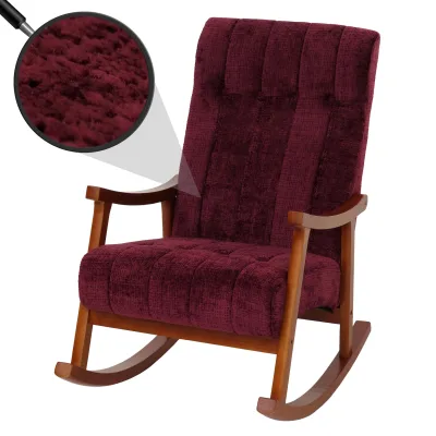 Schaukelstuhl MCW-K10, Relaxsessel, Holz MVG Stoff/Textil Chenille (465g/m²) ~ bordeaux, Gestell Walnuss-Optik