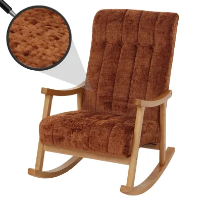 Schaukelstuhl MCW-K10, Relaxsessel, Holz MVG Stoff/Textil Chenille (465g/m²) ~ terrakotta, Gestell natur