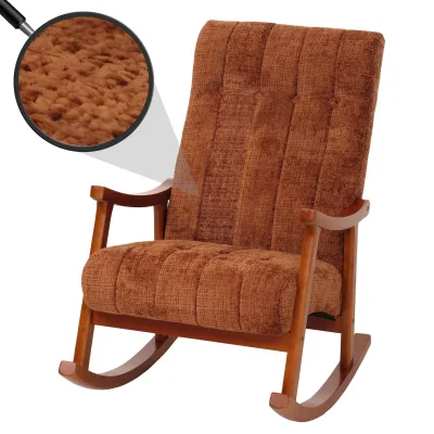 Schaukelstuhl MCW-K10, Relaxsessel, Holz MVG Stoff/Textil Chenille (465g/m²) ~ terrakotta, Gestell Walnuss-Optik