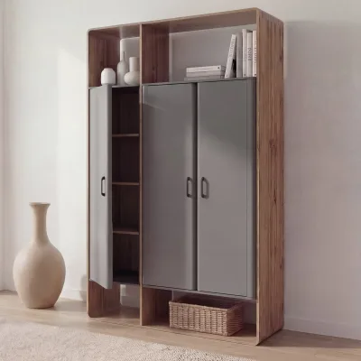 Schrank MCW-P43, Garderobenschrank Kleiderschrank Highboard 3 Türen MDF 200x120x55cm ~ Rivera-Eiche-Optik, dunkelgrau