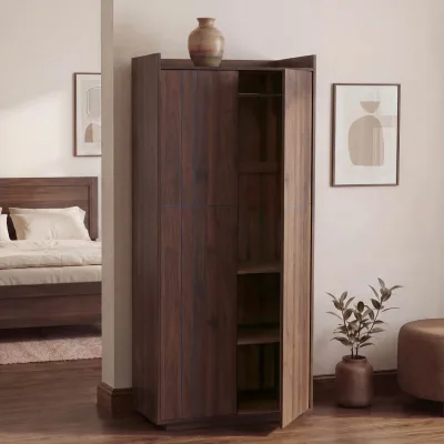 Schrank MCW-P44, Kleiderschrank Garderobenschrank 2 Türen Push-to-open, MDF 184x80x40cm ~ Walnuss-Optik
