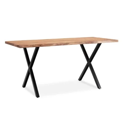 Schreibtisch Massivholz X-Gestell Baumkante Handgefertigt KRETA, Goldbraun-Schwarz 180x90x76 cm
