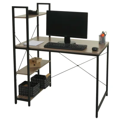Schreibtisch mit Regal MCW-K81, Laptoptisch Bürotisch Arbeitstisch, 100x60cm Metall MDF ~ grau-braun