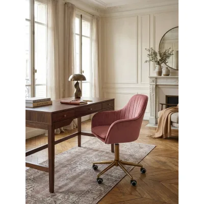 Schreibtischstuhl Samt drehbar mit Lehne, Schalenform, Rollen und Höhenverstellung, Rosa 54x52x105 cm