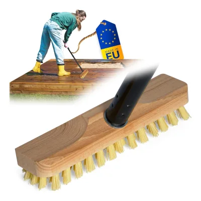 Schrubber aus Holz mit Borsten Wischer mit Gewinde und Schraub- Steckstiel vierteilig Scheuerbürste PPN Boden Bürste Ideal für Reinigung von Balkon Terrasse Garten Innen & Außenbereich