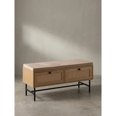 Schuhbank – 100x48x38 cm, Eiche-Dekor, Sitzfläche Stoff, mit Schubladen