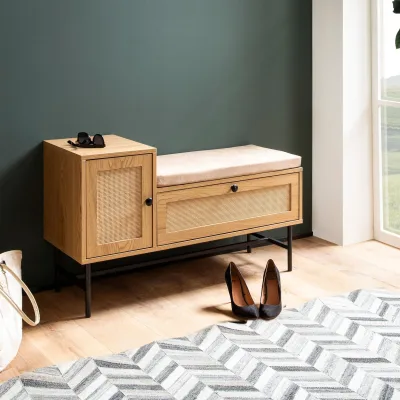 Schuhbank FineBuy Schuhregal 100 cm Garderobe mit Sitzbank Rattan Eiche Klein
