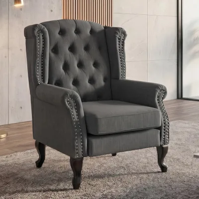 Sessel Chesterfield Oxford, Relaxsessel Clubsessel Ohrensessel, wasserabweisend Stoff/Textil ~ dunkelgrau ohne Ottomane