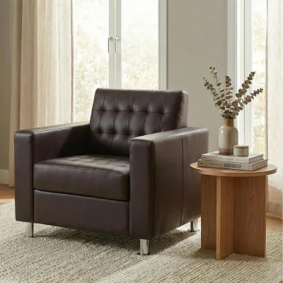 Sessel Pori, Clubsessel Loungesessel, Kunstleder, Metall-Füße ~ coffee