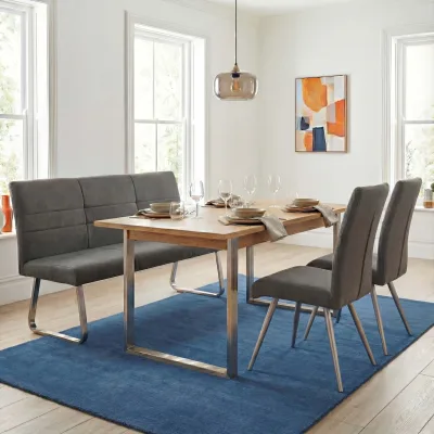 Set 2x Esszimmerstuhl+Sitzbank MCW-G55, Bank Küchenstuhl Stuhl, Stoff/Textil Edelstahl ~ grau-braun Bank 160cm