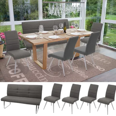 Set 4x Esszimmerstuhl+Sitzbank MCW-G55, Bank Küchenstuhl Stuhl, Stoff/Textil Edelstahl ~ grau-braun Bank 180cm