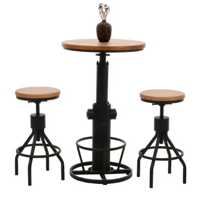 Set Bartisch + 2x Barhocker MCW-N17, Barstuhl Stehtisch höhenverstellbar drehbar Fußablage Industrial Holz ~ natur