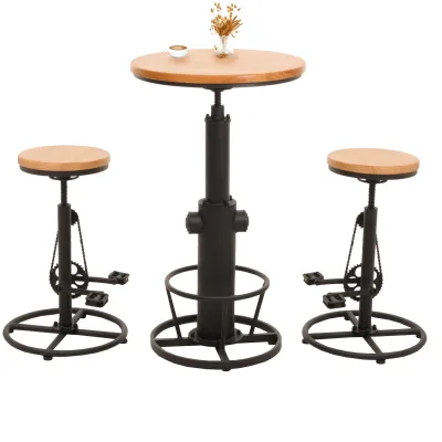 Set Bartisch + 2x Barhocker MCW-N20, Barstuhl Stehtisch höhenverstellbar drehbar Fußablage Industrial Holz ~ natur