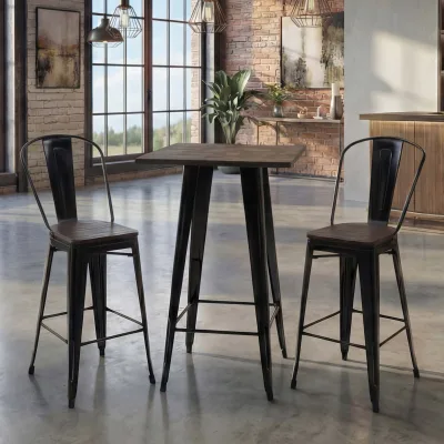Set Stehtisch + 2x Barhocker MCW-A73 inkl. Holz-Tischplatte, Barstuhl Bartisch, Metall Industriedesign, MVG ~ schwarz
