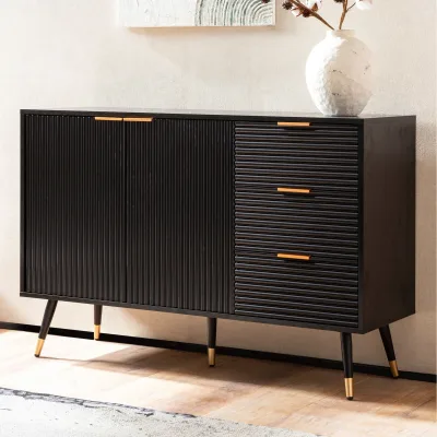 Sideboard 120cm Kommode mit 2 Türen & 3 Schubladen in MDF Eiche Schwarz Dekor