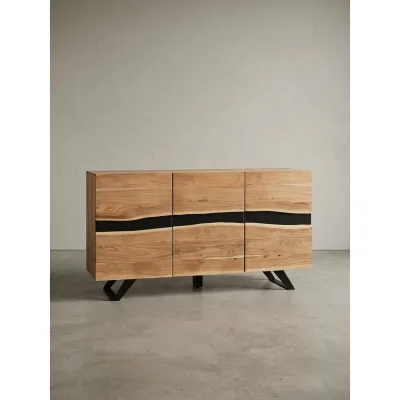 Sideboard – Akazie Massivholz, 148x85x43 cm, mit Baumkante, 3 Türen, Landhausstil