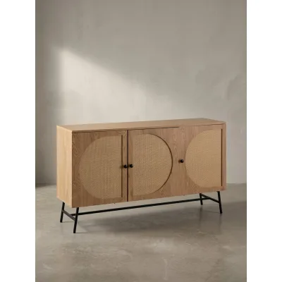 Sideboard – Eiche-Dekor/Rattan, 140x80x39 cm, 3 Türen, hoch
