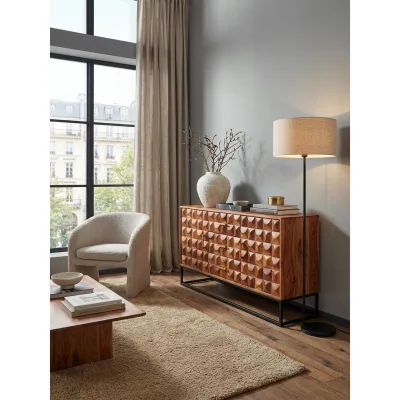 Sideboard – Mango Massivholz/Metall, 145x81x45 cm, 2 Türen, mit Schubladen
