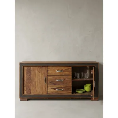 Sideboard – Massivholz mit Kunstleder, 160x44x80 cm, rustikal, mit Türen und Schubladen