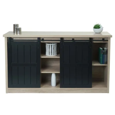 Sideboard MCW-K75, Highboard Regal Schrank Schiebetüre 7 Fächer Holz-Optik Industrial Metall 84x150x40cm ~ naturfarben