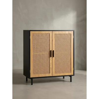 Sideboard – Schwarz, 80x86,5x40 cm, mit Wiener Geflecht, 2 Türen, hoch