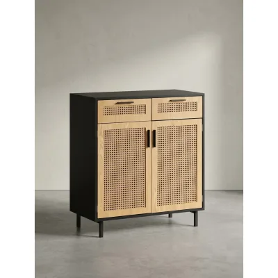 Sideboard – Schwarz, 80x86,5x40 cm, mit Wiener Geflecht, 2 Türen, Schubladen, hoch