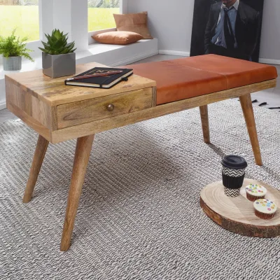 Sitzbank gepolstert 100cm Massivholz Echtleder Schublade Garderobenbank Flurbank