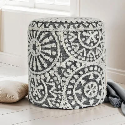 Sitzhocker FineBuy Aufbewahrungshocker Wolle rund 40 cm Stauraum Boho Design