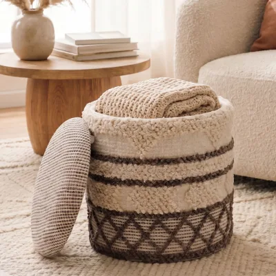 Sitzhocker mit Stauraum Wolle 40cm Beige Stoffhocker Rund Polsterhocker Stoff