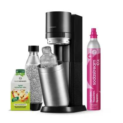 SodaStream Wassersprudler DUO mit Apfelschorle Sirup Mix   inkl. 1x 1L Glasflasche, 1x 1L Kunststoffflasche + Quick-Connect CO2-Zylinder   Farbe: Titan