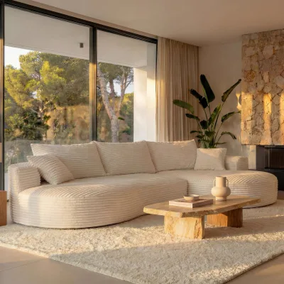 Sofa-Garnitur MCW-P19, 3-Sitzer Couch Loungesofa, Stoff/Textil Cord (370 g/m²) Liegefläche rechts ~ weiß