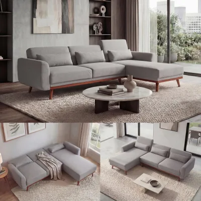 Sofa MCW-J20, Couch Ecksofa, L-Form 3-Sitzer Liegefläche Schlaffunktion Stoff/Textil 280cm ~ grau