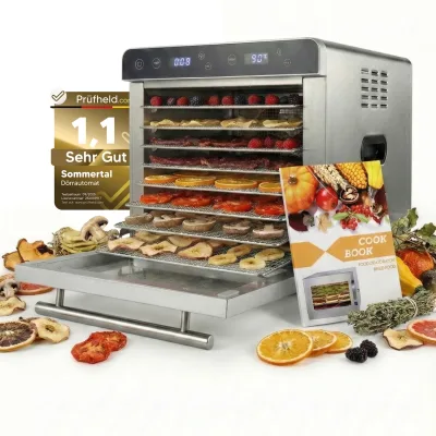 Sommertal Dörrautomat Silence 700 XXL inkl. 8 Edelstahl Dörrgitter, LED-Display, 24h Timer, Temperatureinstellung von (35°C–85°C) einstellbar, inkl. Kochbuch, Profi Dörrgerät, 700W Dehydrator