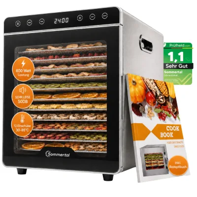 Sommertal Dörrautomat Silence 800   12 Einschübe, 800W, 30–85°C & 24h Timer – Dörrgerät Edelstahl, Kräutertrockner & Dehydrator für Obst & Fleisch