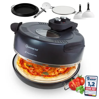 Sommertal PizzaProfi XXL Pizzaofen mit 39cm Steinplatte, Pizza Ofen elektrisch, schnelle 3-Minuten Pizza, bis 380°C 5-teiliges Set mit Pfanneneinsatz, 2x Pizzaschieber, Schneider, Pizzastein
