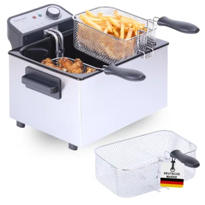 Sommertal XXL Doppel-Fritteuse mit Öl oder Fett – 3 Körbe, 5 Liter, 3000 Watt, Kaltzone, DF3270 – echte Edelstahl Fritteuse für knusprige Pommes