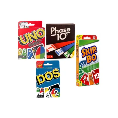 SPAR-SET 169882 - Mattel - 4er Set Kartenspiele: UNO, Skip Bo, Phase 10 und DOS