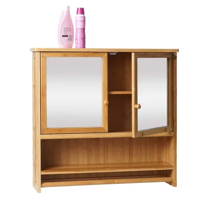 Spiegelschrank MCW-B18, Badspiegelschrank Hängeschrank, 3 Regalböden 2 Türen Spiegel Bambus 62x66x15cm