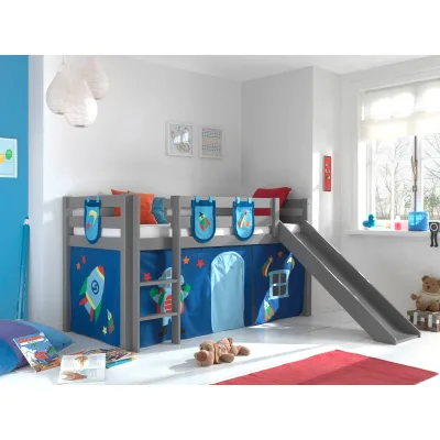 Spielbett Pino inkl. Rutsche mit Textilset Vorhang und 3 Taschen versch. Designs