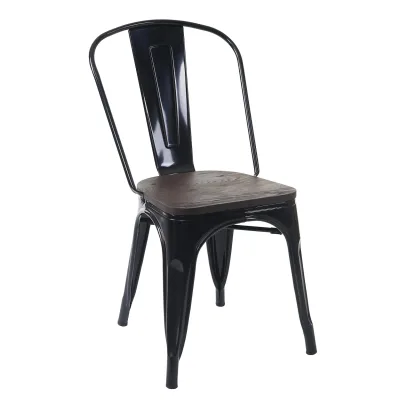 Stuhl MCW-A73 inkl. Holz-Sitzfläche, Bistrostuhl Stapelstuhl, Metall Industriedesign stapelbar ~ schwarz