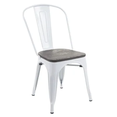 Stuhl MCW-A73 inkl. Holz-Sitzfläche, Bistrostuhl Stapelstuhl, Metall Industriedesign stapelbar ~ weiß