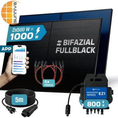 SUNNIVA® 1000W Balkonkraftwerk mit 800W Wechselrichter AP SYSTEMS, BIFAZIAL FULLBLACK komplett Steckdose, PV Solaranlage Komplettset mit 5 m Anschlusskabel und 4x 1m Solarkabel, 2x 500W N-Type Glas