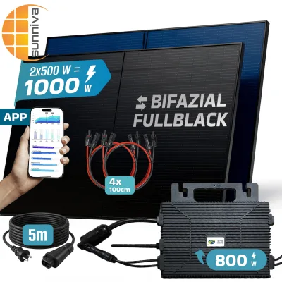 SUNNIVA® 1000W Balkonkraftwerk mit 800W Wechselrichter Astro-E, BIFAZIAL FULLBLACK komplett Steckdose, PV Solaranlage Komplettset mit 5 m Anschlusskabel und 4x 1m Solarkabel, 2x 500W N-Type Glas