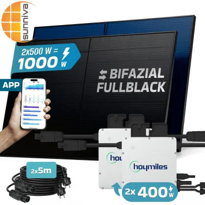 SUNNIVA® 1000W Balkonkraftwerk BIFAZIAL FULLBLACK komplett Steckdose HOYMILES 2x 400 Watt Wechselrichter, PV Solaranlage Komplettset, 2x 500W N-Type Glas Bifacial Solarmodule, 2x 5m Kabel