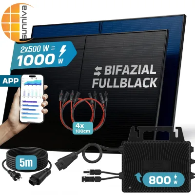 SUNNIVA® 1000W Balkonkraftwerk BIFAZIAL FULLBLACK komplett Steckdose INVER ENERGY 800W Wechselrichter, PV Solaranlage, 2x 500W Glas Solarmodule, inkl. 5m Kabel, Bluetooth WIFI, Komplettset