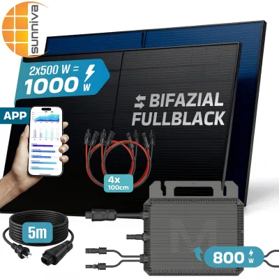 SUNNIVA® 1000W Balkonkraftwerk mit 800W Wechselrichter MARSTEK, BIFAZIAL FULLBLACK komplett Steckdose, PV Solaranlage Komplettset mit 5 m Anschlusskabel und 4x 1m Solarkabel, 2x 500W N-Type Glas