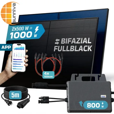SUNNIVA® 1000W Balkonkraftwerk mit 800W Wechselrichter TSUN, BIFAZIAL FULLBLACK komplett Steckdose, PV Solaranlage Komplettset mit 5 m Anschlusskabel und 4x 1m Solarkabel, 2x 500W N-Type Glas