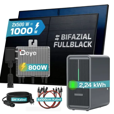 SUNNIVA® 1000W Balkonkraftwerk Deye mit 2,24 kWh Speicher MARSTEK B2500-D, BIFAZIAL FULLBLACK komplett Steckdose, PV Solaranlage Komplettset mit Solarspeicher, 2x 500W N-Type Glas Bifacial Module